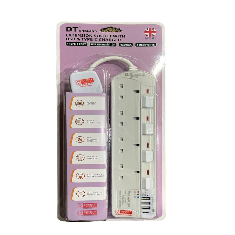 DT 714C1-3M 4 Way Extension Socket W/USB & TYPE-C Port+Timer (White)