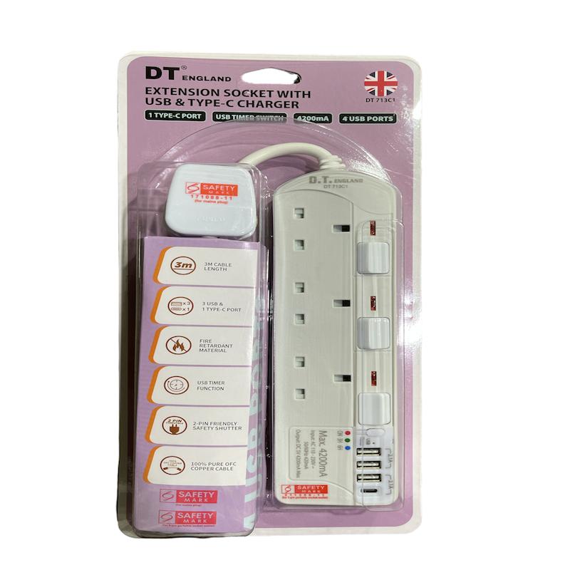 DT 713C1-3M 3 Way Extension Socket W/USB & TYPE-C Port+Timer (White)