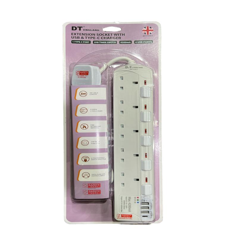 DT 715C1-3M 5 Way Extension Socket W/USB & TYPE-C Port+Timer (White)