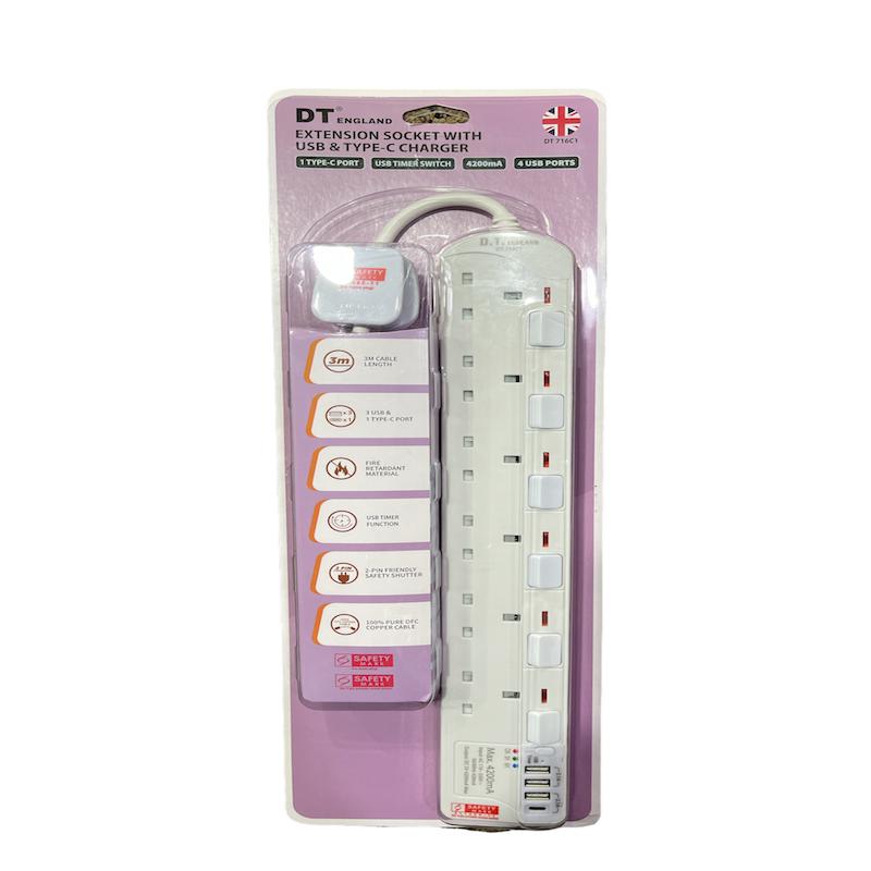 DT 716C1-3M 6 Way Extension Socket W/USB & TYPE-C Port+Timer (White)
