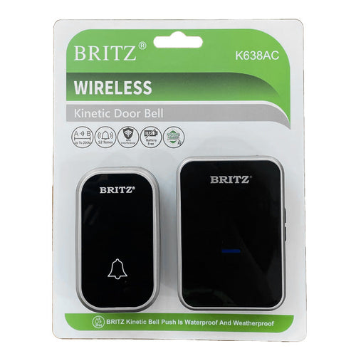 Britz K638AC Kinetic Wireless Doorbell (Black/Silver)