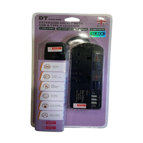 DT 712C1BK-3M 2 Way Extension Socket W/USB & TYPE-C Port+Timer (Black)