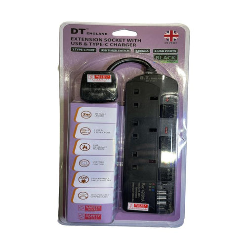 DT 713C1BK-3M 3 Way Extension Socket W/USB & TYPE-C Port+Timer (Black)