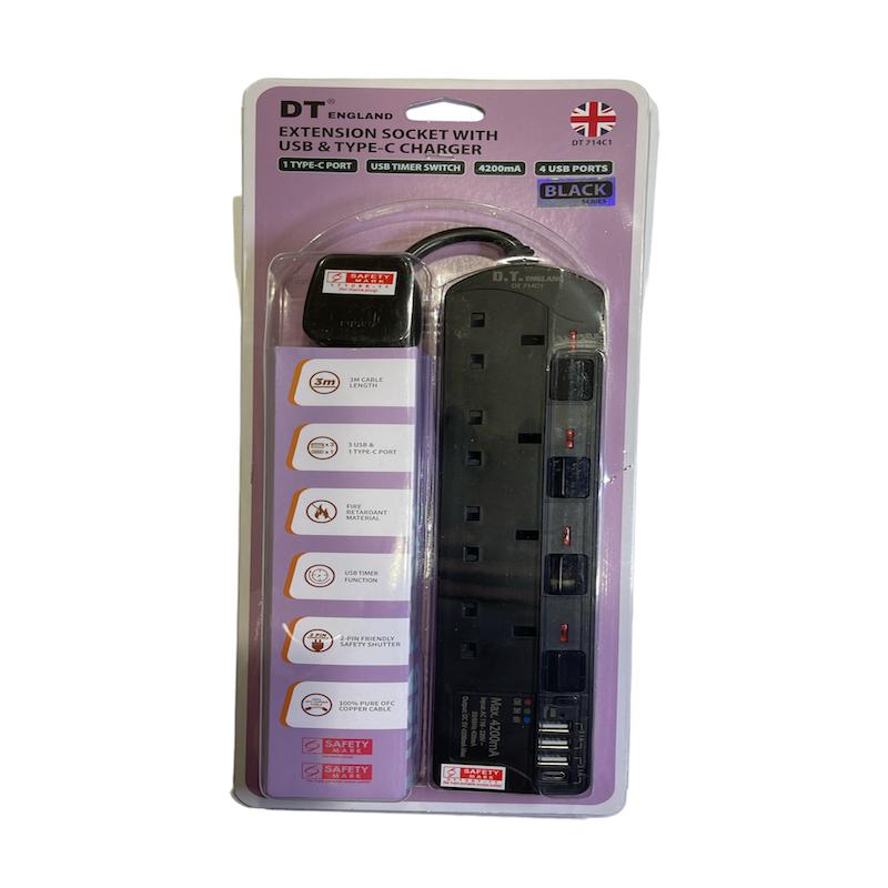DT 714C1BK-3M 4 Way Extension Socket W/USB & TYPE-C Port+Timer (Black)