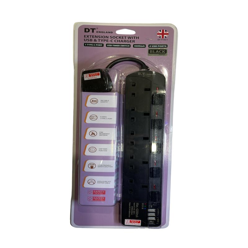 DT 715C1BK-3M 5 Way Extension Socket W/USB & TYPE-C Port+Timer (Black)