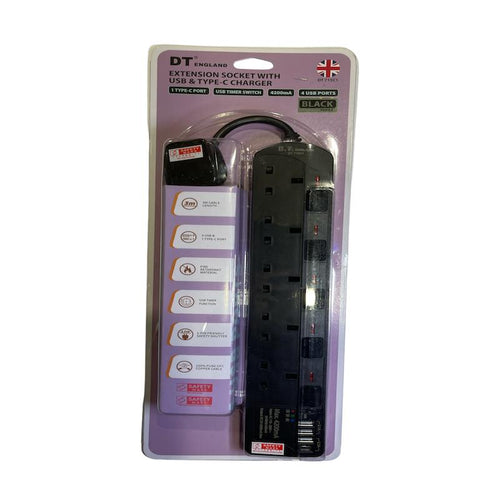 DT 715C1BK-3M 5 Way Extension Socket W/USB & TYPE-C Port+Timer (Black)