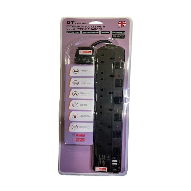 DT 716C1BK-3M 6 Way Extension Socket W/USB & TYPE-C Port+Timer (Black)