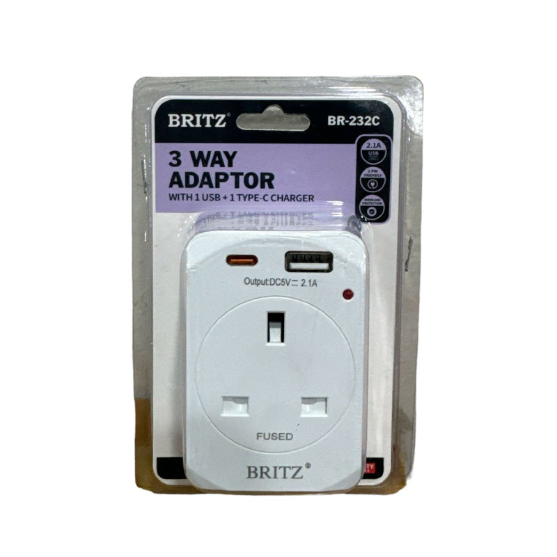 Britz BR-232C 3-Way USB 1A + 1C Power Adapter