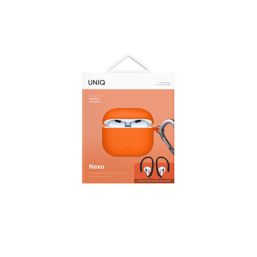 Uniq NEXO Active Hybrid Silicone Airpods 4th Gen (2024) Case with Sports Ear Hooks (Volt Orange)