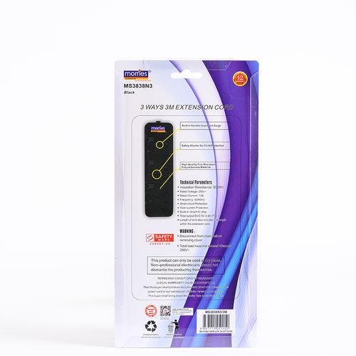 Morries MS3838N3 3Way 3M Extension with Surge (Black)