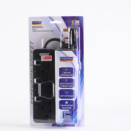 Morries MS3838N3 3Way 3M Extension with Surge (Black)