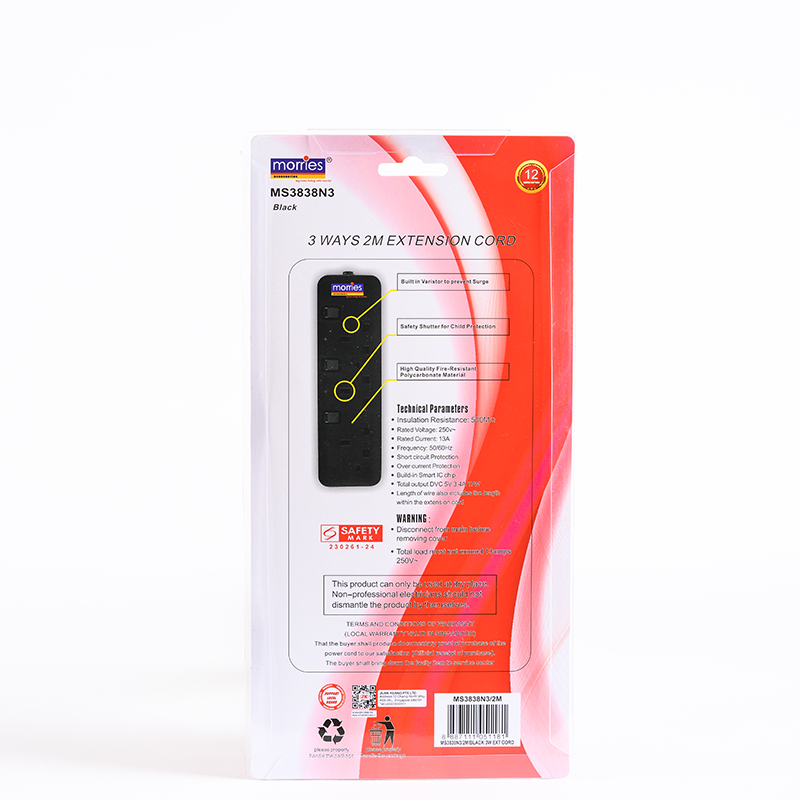 Morries MS3838N3 3Way 2M Extension with Surge (Black)