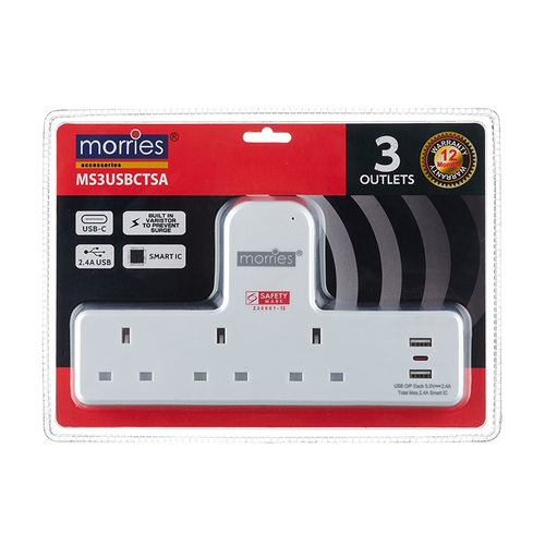 Morries MS3USBCTSA T-Shape 3Way Socket Adapter with USB
