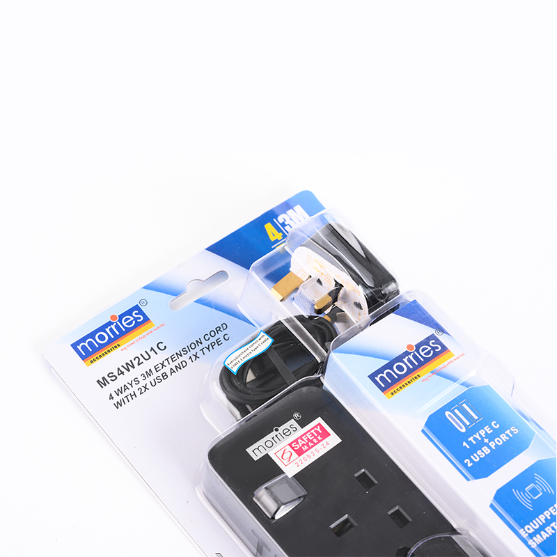 Morries MS4W2U1C 4Way 3M Extension w 2USB + 1 Type C (Black)