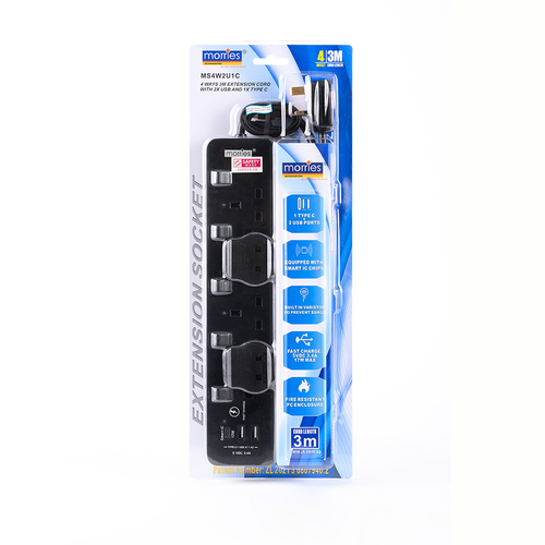 Morries MS4W2U1C 4Way 3M Extension w 2USB + 1 Type C (Black)