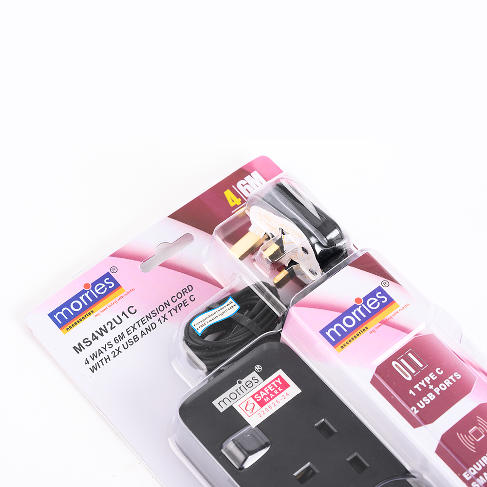 Morries MS4W2U1C 4Way 6M Extension w 2USB + 1 Type C (Black)