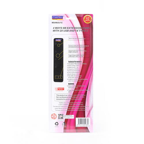 Morries MS4W2U1C 4Way 6M Extension w 2USB + 1 Type C (Black)