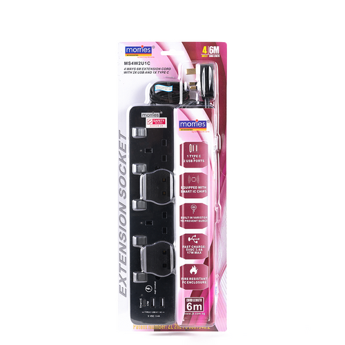Morries MS4W2U1C 4Way 6M Extension w 2USB + 1 Type C (Black)