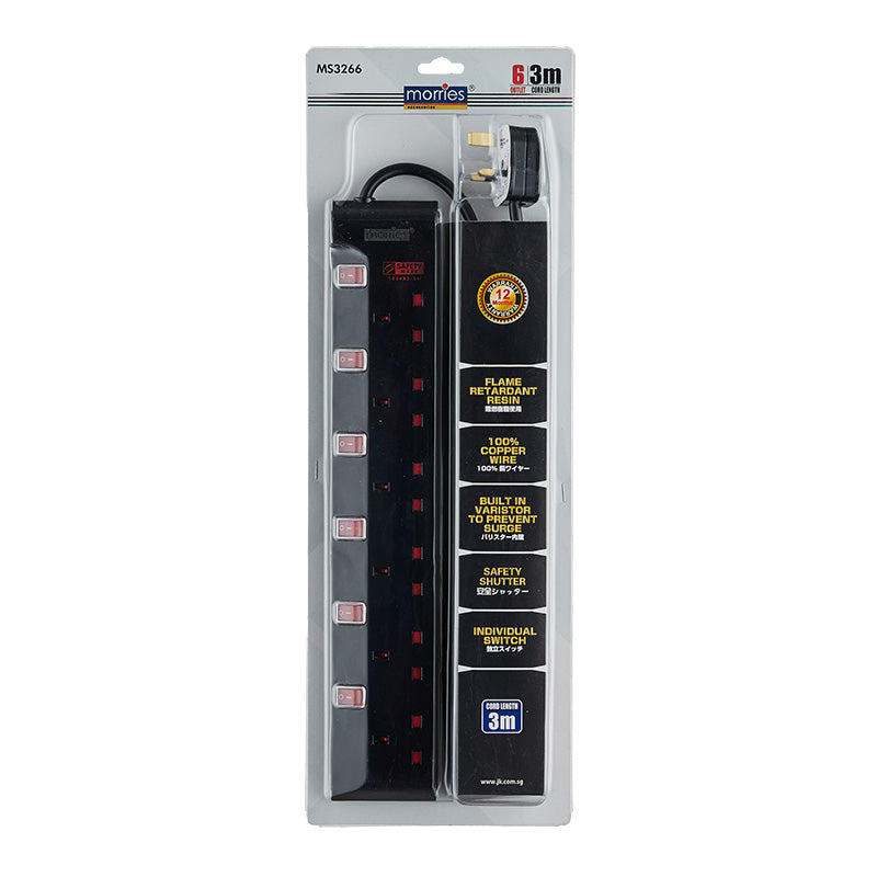 Morries MS3266-3M/BK 6Way 3M Extension with Surge (Black)