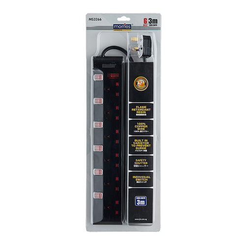 Morries MS3266-3M/BK 6Way 3M Extension with Surge (Black)
