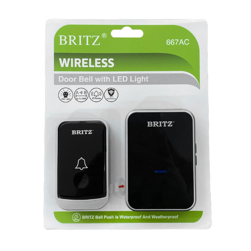 Britz 667AC Battery-Free Wireless Doorbell (Black)