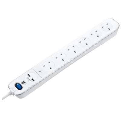 Masterplug SRGLSU63PW-MPA 6 Socket In-Line Surge+2USB Switch