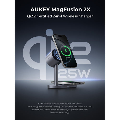 Aukey LC-MC213 MagFusion 2X 2-in-1 Qi2.2 (25W) Magnetic Fast Wireless Charger - Gray