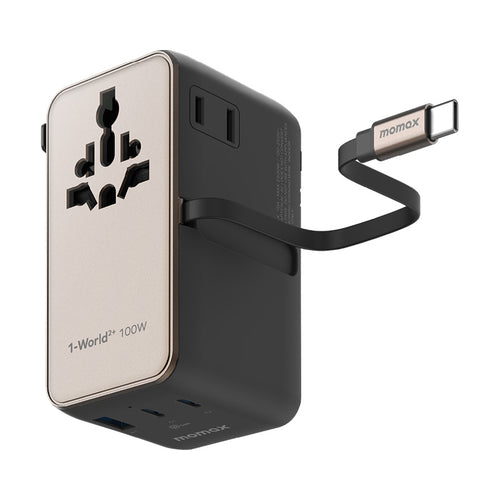 Momax UA25 1-World2+ 100W 4-Port Dual AC Travel Adapter with Built-in USB-C Cable
