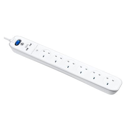 Masterplug SRGLSU63PW-MPA 6 Socket In-Line Surge+2USB Switch