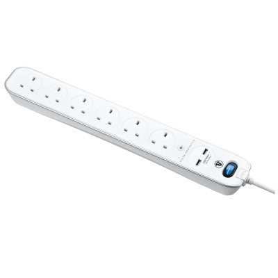 Masterplug SRGLSU63PW-MPA 6 Socket In-Line Surge+2USB Switch