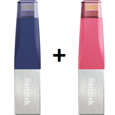 SanDisk iXpand Mini Flash Drive 128GB Twin Pack (Pink & Blue) USB 3.0